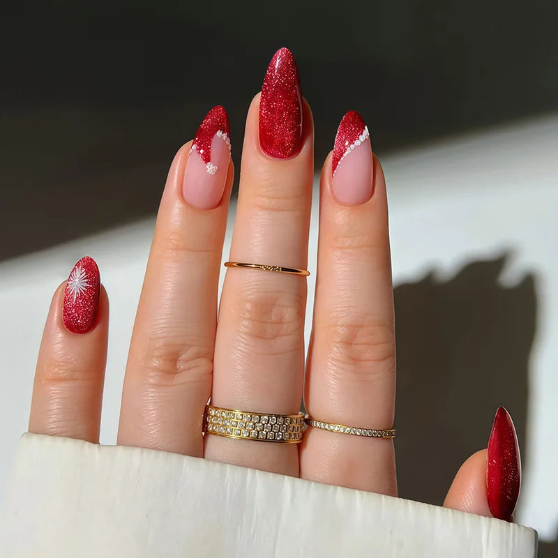 Glossy Red French Fake Nails 24Pcs Almond Press On Nails Xmas Hat Designs Full Cover Acrylic False Nails Patches DIY Manicure Y1