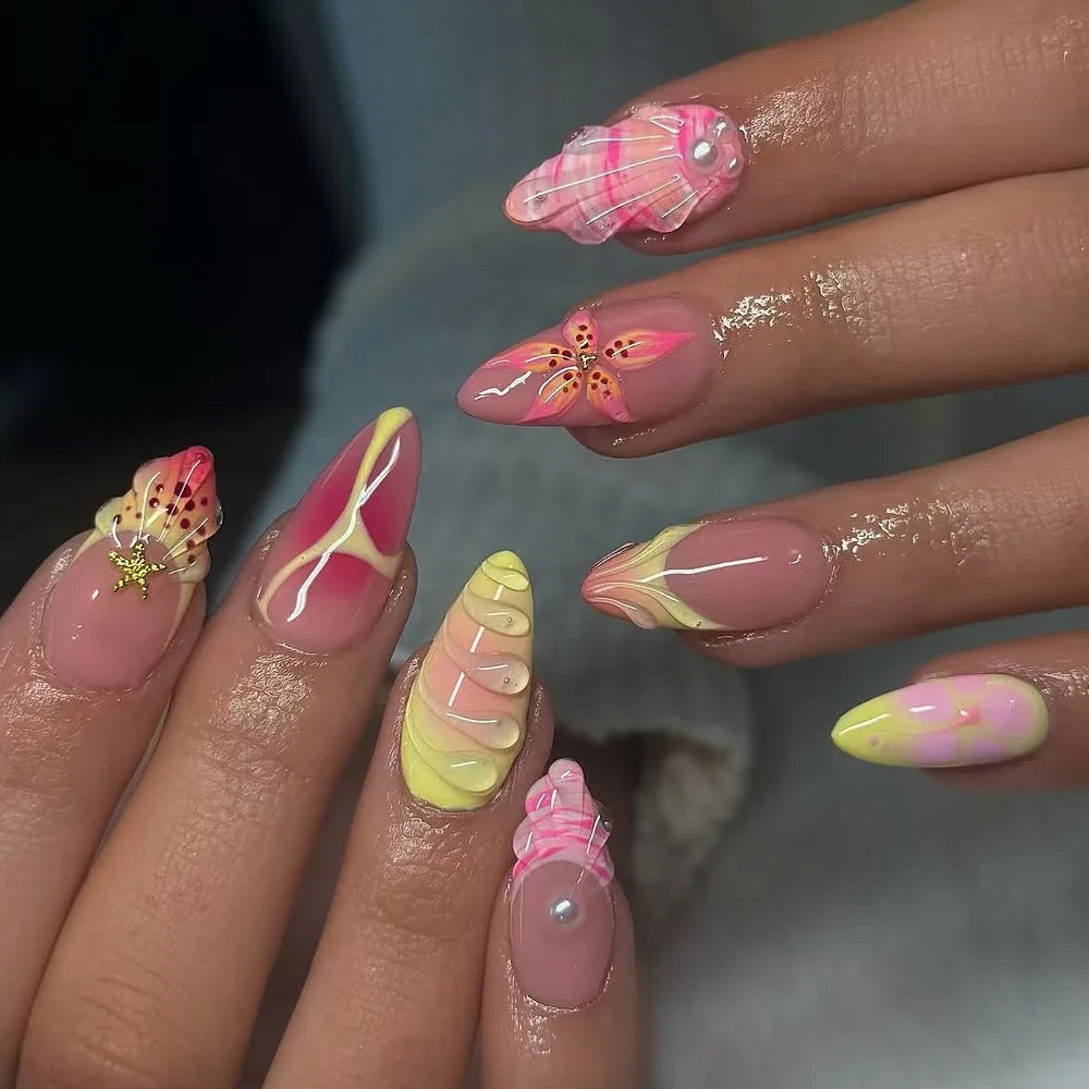24pcs/set Medium fake nails for women girls 3D embossed flowers fruit shell rhinestones design Almond tips press on false nail 2733