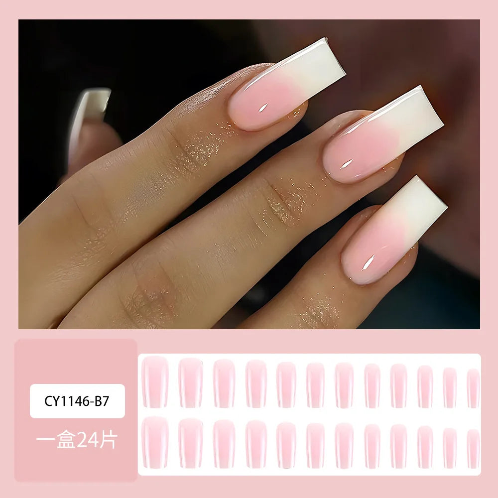 24pcs Nude Pink False Nails Sweet Gradient Pink Almond Fake Nail Tips Wearable Detachable INS Simple Nude Color Press on Nails 5