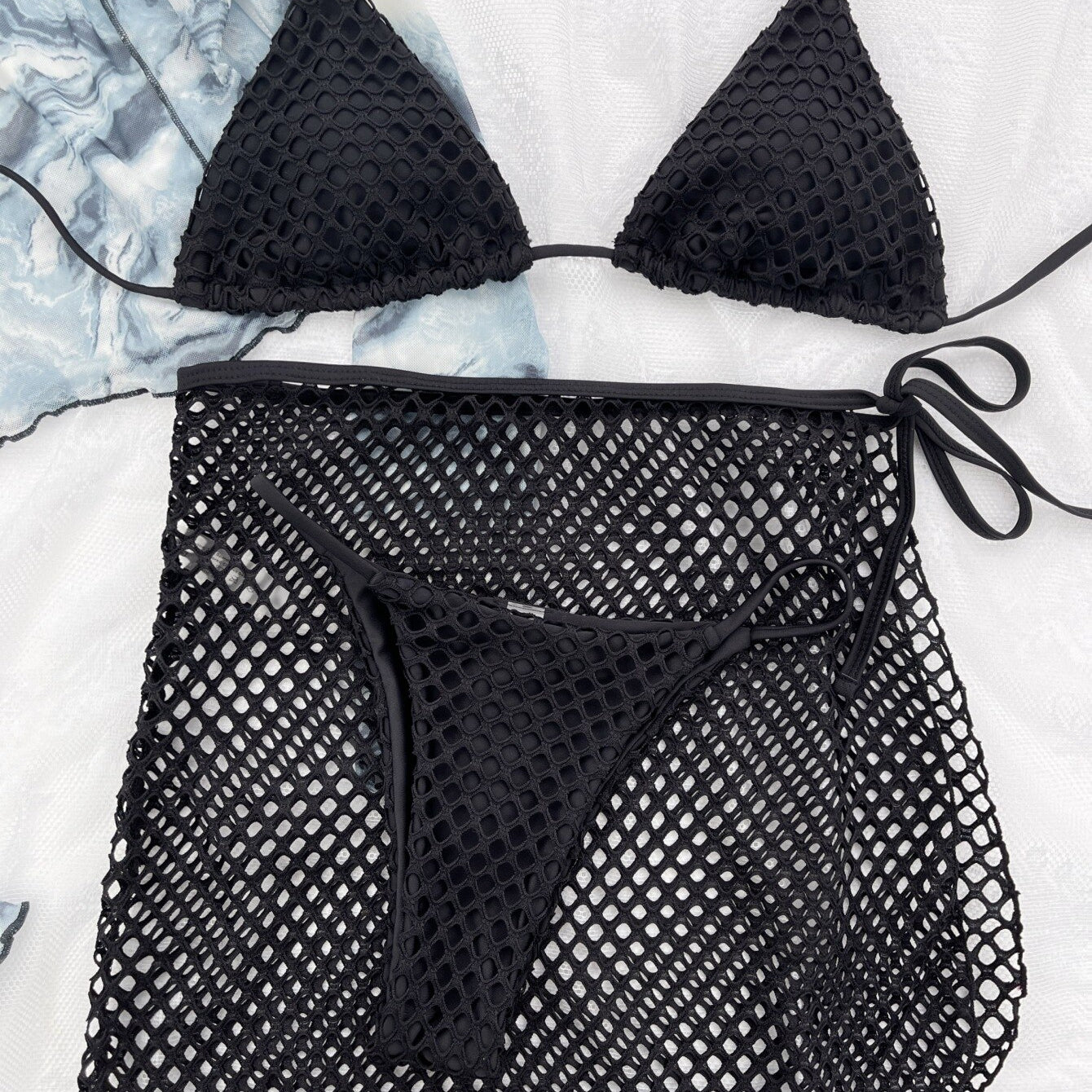 Sexy Three Pieces Micro Bikini Set with Hollow Out Skirt Swimsuit Women 2024 New Bandage Swimwear Bathing Suits Biquini black