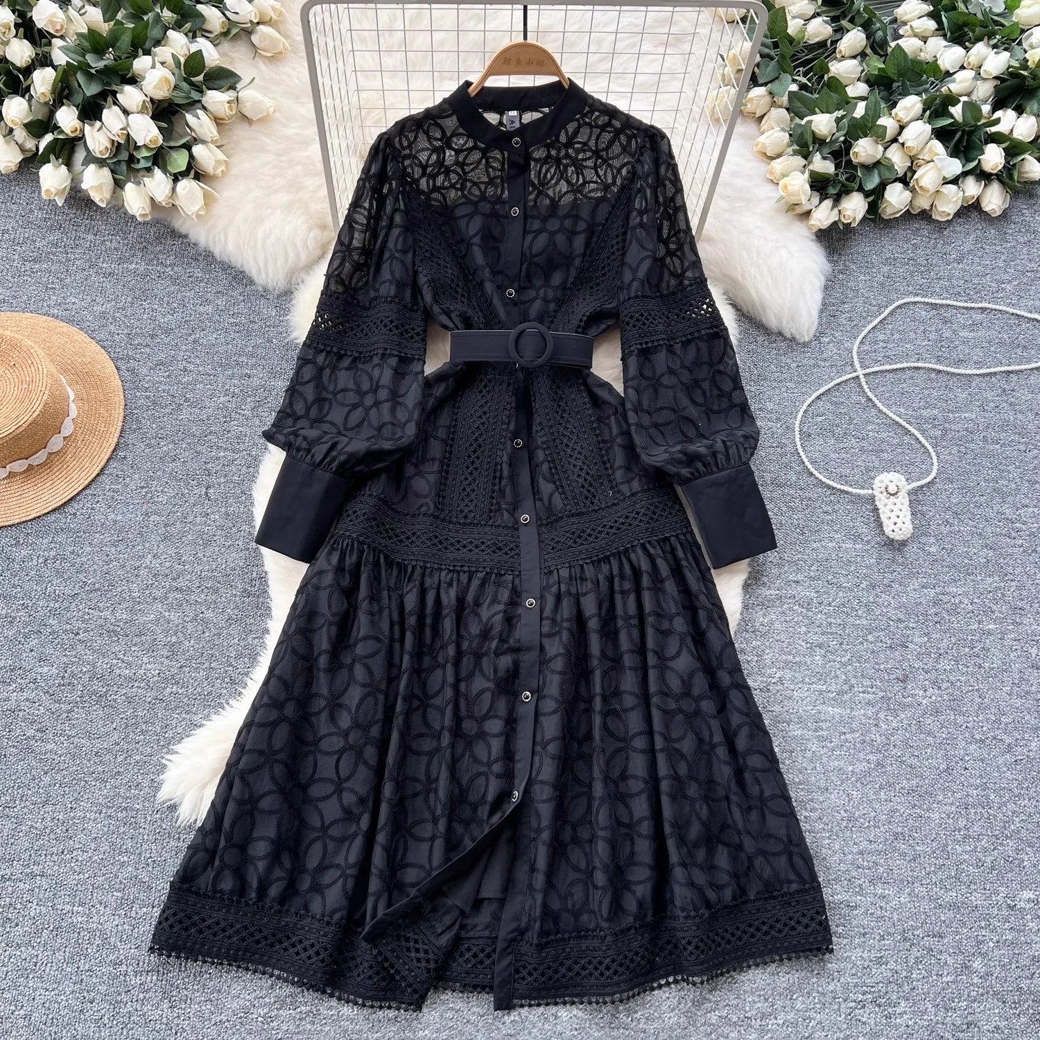 Autumn Elegant Hollow Out Spliced Lace Flower Embroidery Dress Women's Stand Collar Bandage Single Breasted Party Midi Vestidos black
