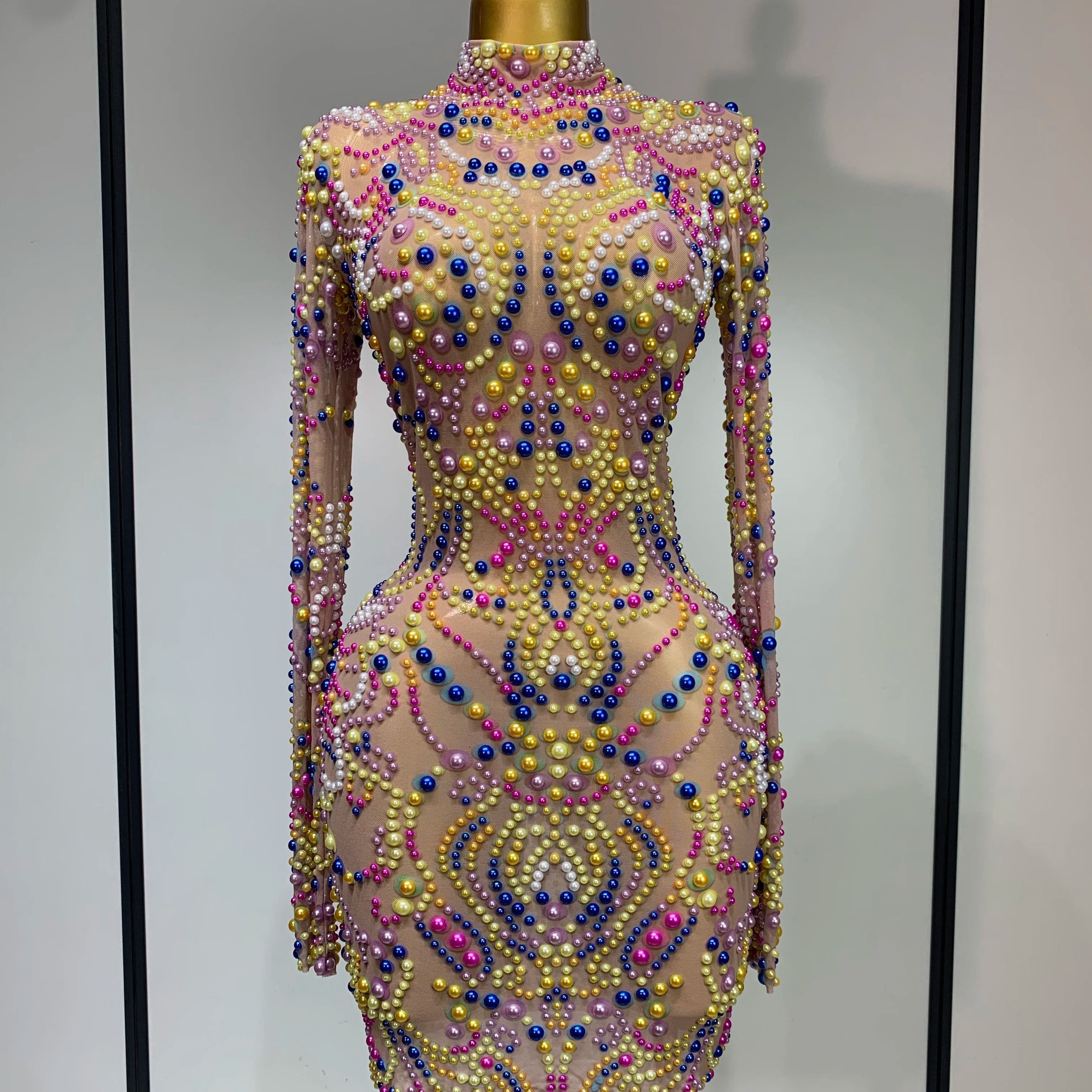 Women Sexy Transparent Mesh Stage Performance Costume Dancer Singer Nightclub Elagant Evening Party Luxury Birthday Dress MULTI