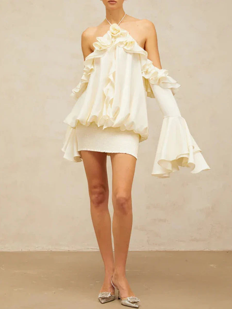 Solid Loose Spliced 3D Flower Dresses for Women Halter Neck Sleeveless Patchwork Fungus Mini Dress Female Clothing