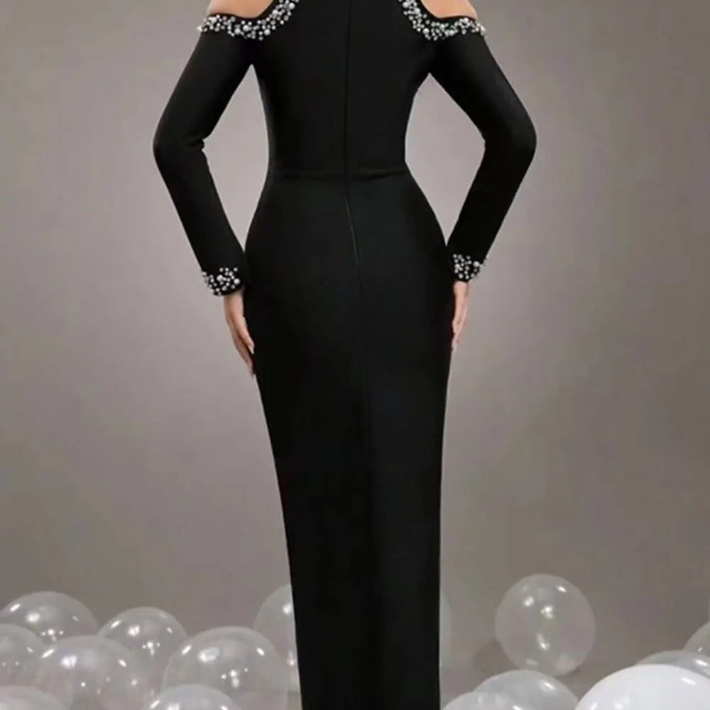 2024 Sexy Women'S Light Luxury Crystal Pearl Design Bandage Dress O-Neck Off Shoulder Long Sleeved Bodycon Christmas Long Dress