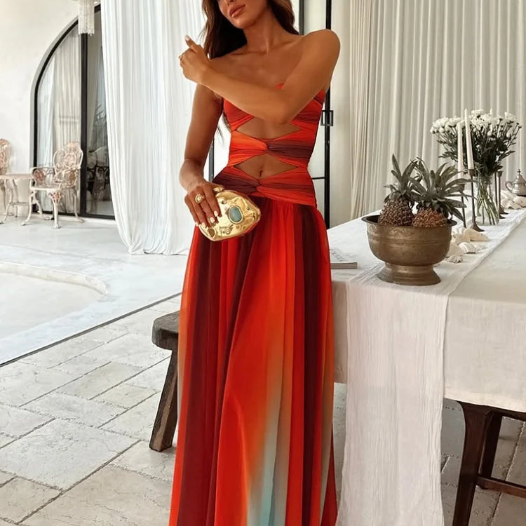 Tie-dye Gradient Hollow Out Women's Maxi Dress Elegant Off Shoulder A-line Hem Long Dresses New Summer 2025 Holiday Female Robes