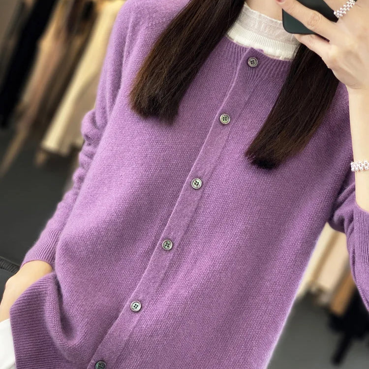 Aliselect Autumn Winter Women 100% Merino Wool Sweater O-Neck Tops Long Sleeve Basic Cashmere Knitwear Cardigan Clothing Coat