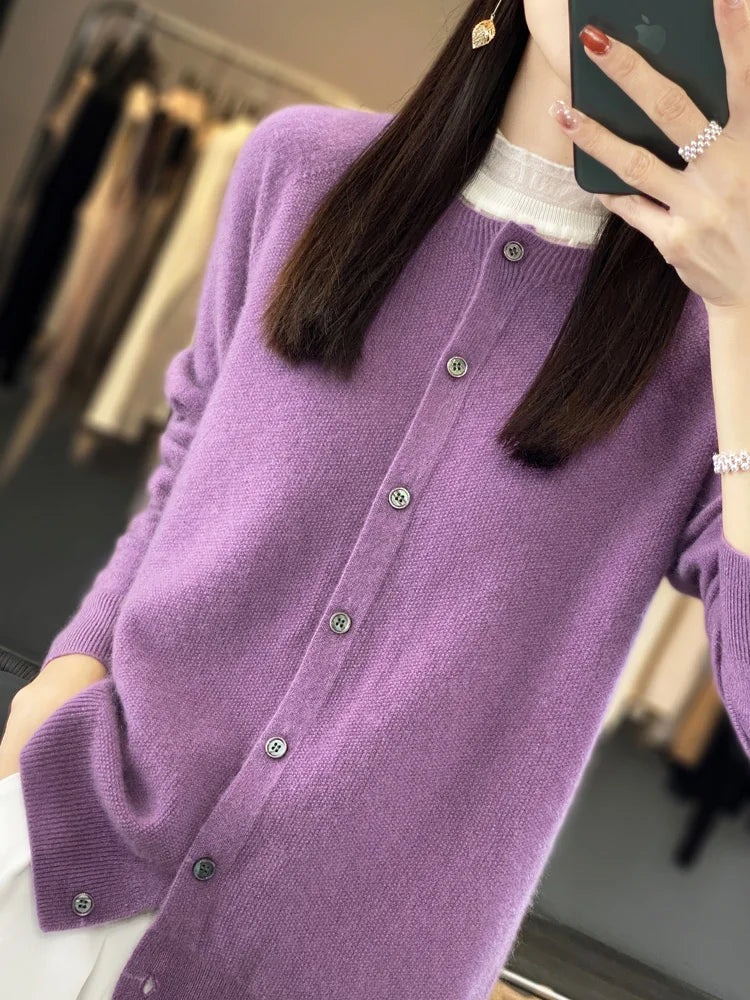 Aliselect Autumn Winter Women 100% Merino Wool Sweater O-Neck Tops Long Sleeve Basic Cashmere Knitwear Cardigan Clothing Coat
