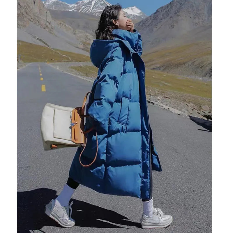 Women's Blue Down Jacket Hooded Long Cotton Clothes Winter Warm Thicken Windproof Korean Fashion Loose Oversized Coat Tops Blue
