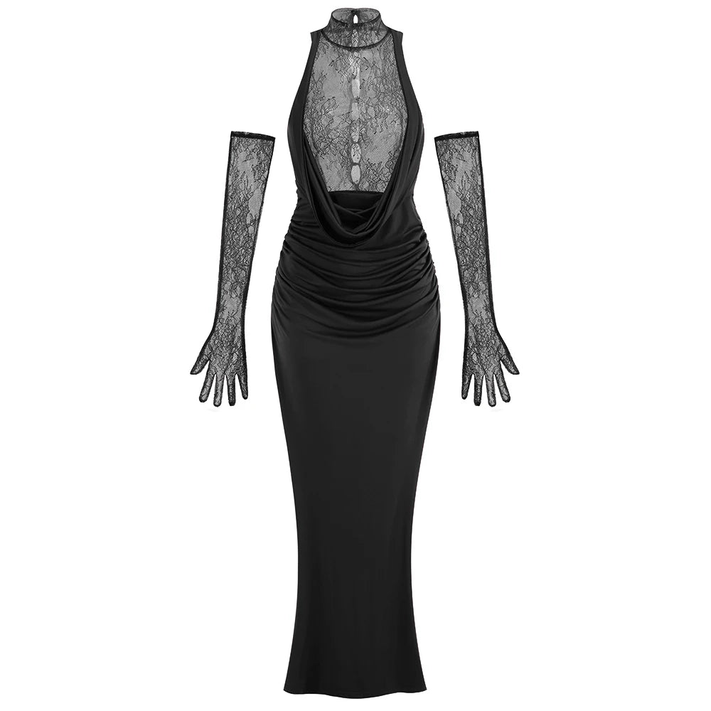 Glamorous Black Halter Dress with Lace Details Gloves for Fashion Events Party Evening Gown black