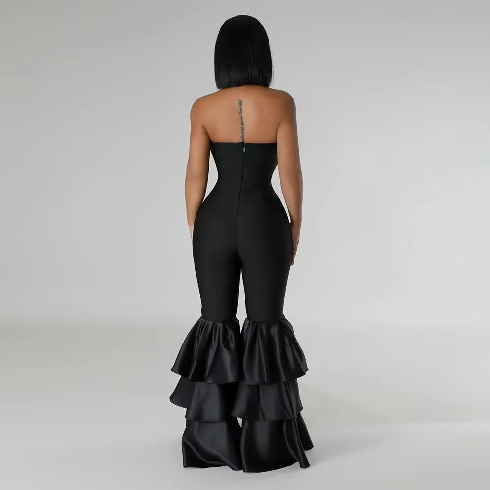 High Street Women Sexy Strapless Bodycon Ruffles Wide Leg Jumpsuit Bandage Celebrate Evening Party Jumpsuit