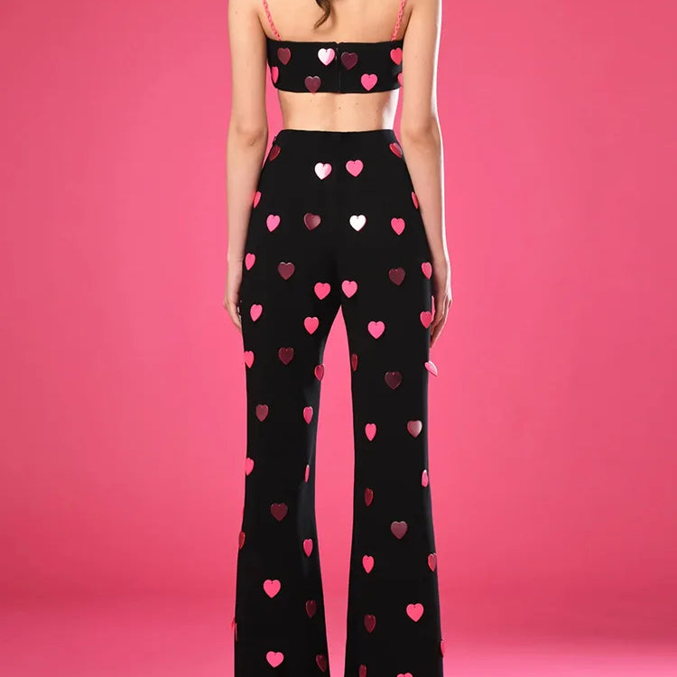 2025 New Spring Women Sexy Sleeveless Heart Sequined Strap Tops Straight Women's set Girls' Birthday Party Fashion Wear