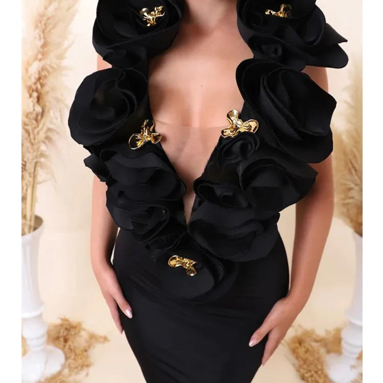 Chic Women Celebrity Sexy Deep V Neck Flower Black Maxi Long Bandage Bodycon Dress 2025 Elegant Evening Club Party Outfit