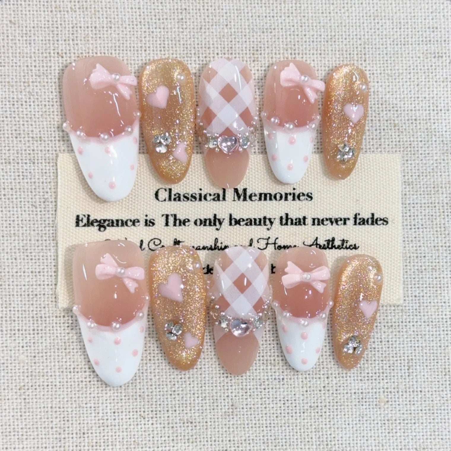 10Pcs Pink 3D Bow Design Oval Fingertips Glitter Cat Eye Mid-length Almond Press on False Nails Cute Love Princess Waerable Nail 2 Size XS