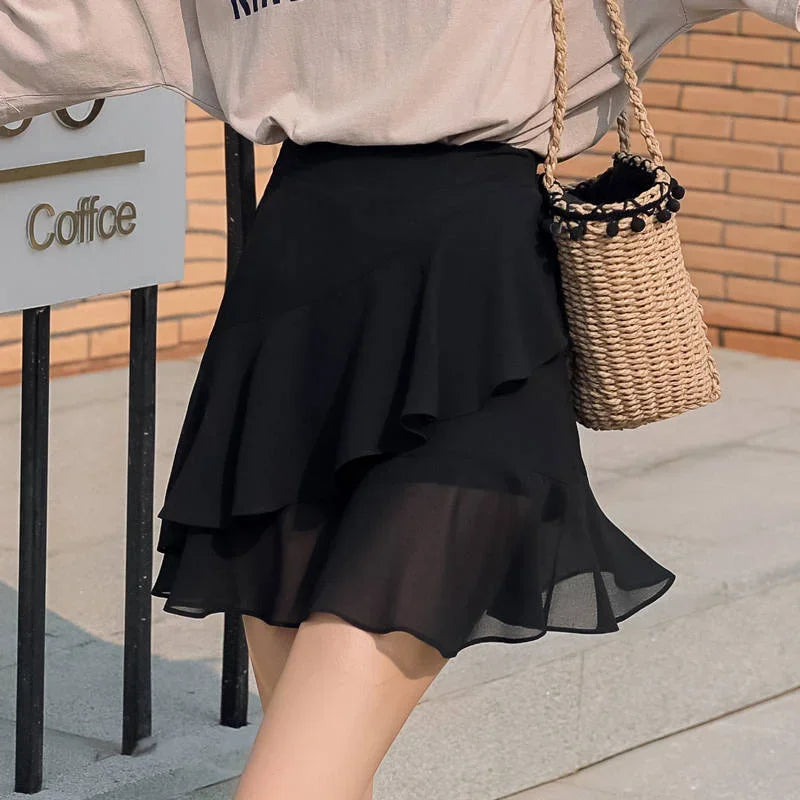 Womens Skirt Ruffle Skirts for Women Black Beach Clothing Chiffon Fashion Premium Luxury A Line Summer New in Korean Style