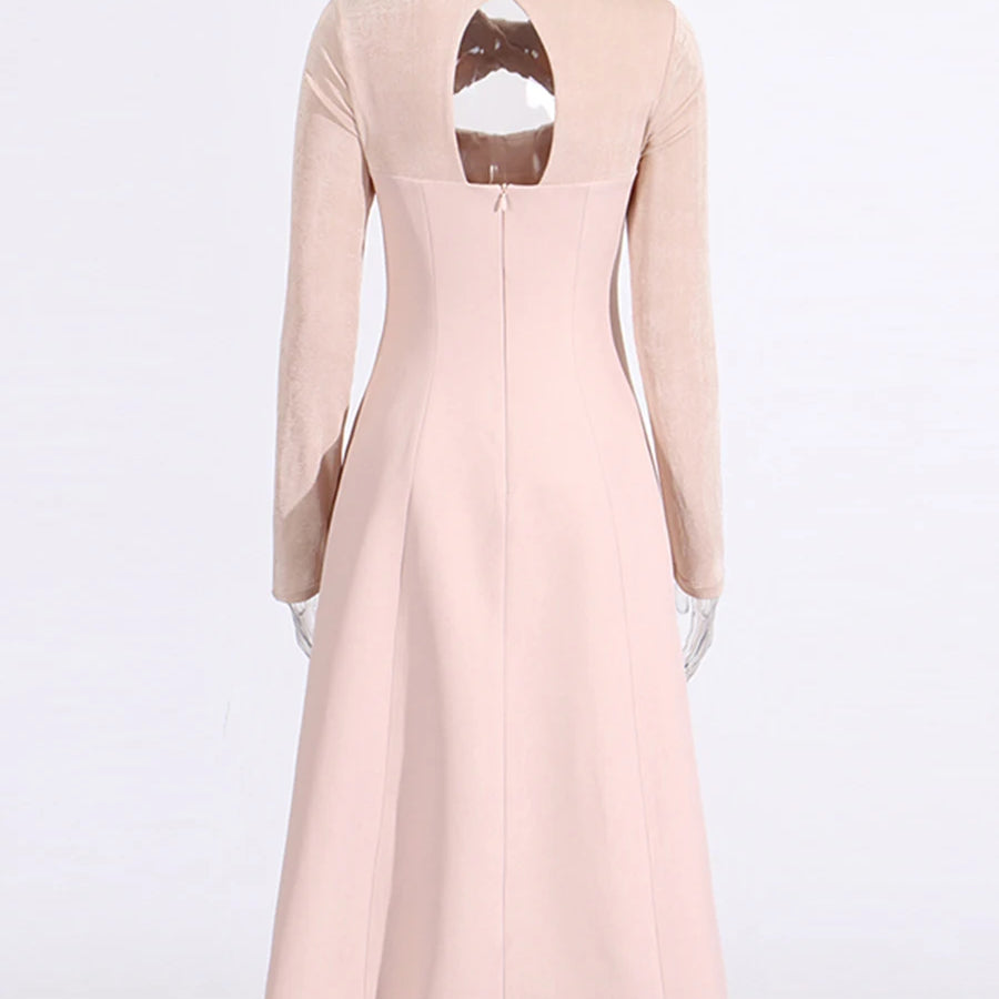 Solid Slimming Bead Elegant Dresses for Women Round Neck Long Sleeve Hollow Out Temperament Dress Female Clothing