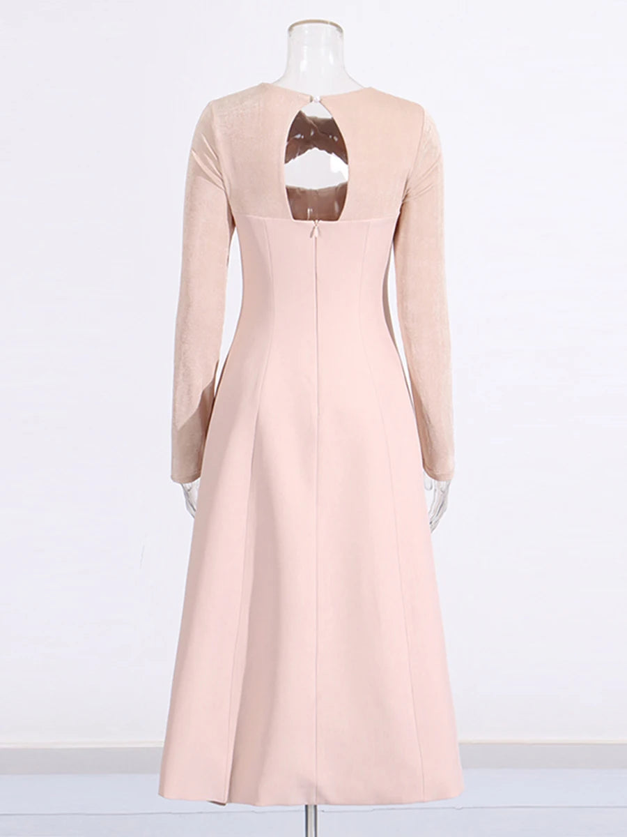 Solid Slimming Bead Elegant Dresses for Women Round Neck Long Sleeve Hollow Out Temperament Dress Female Clothing