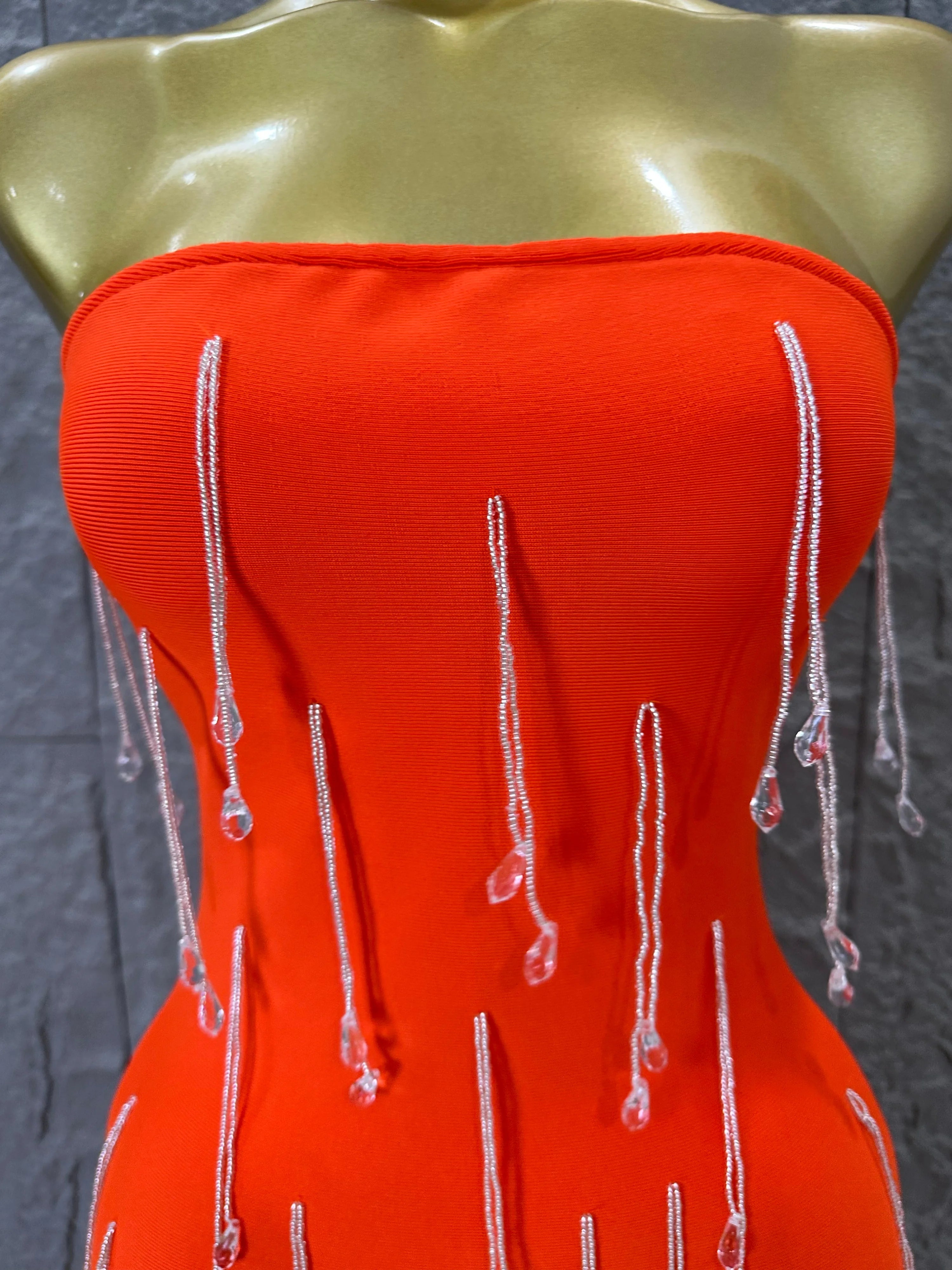 Elegant Orange Crystal Tassel Midi Dress Women Sexy Strapless Rhinestone Fringe Bodycon Slim-fit Outfit Evening Gala Costume