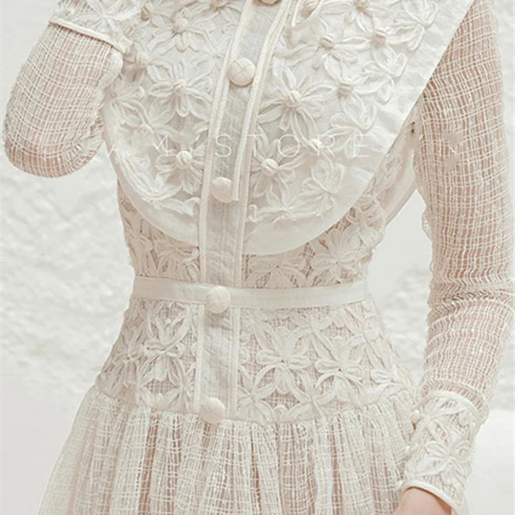 Autumn Spring Boho Elegant Party Luxury Dresses Women Dress Embroidery Lace Runway Vintage High Waist Long Sleeve Vestido Beige