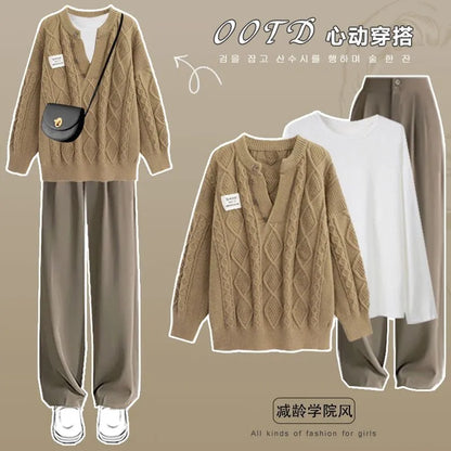 女性の秋冬の新ファッションスーツ韓国のエレガントなニットセーター + 白長袖 + パンツ 3 点セット女性服