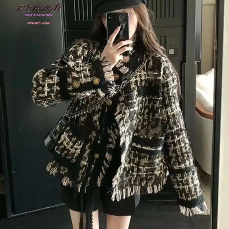 Women's Coat New French Style Small Fragrance 2024 Autumn Winter Retro Weave Tassels Temperament Tweed Tops Jacket