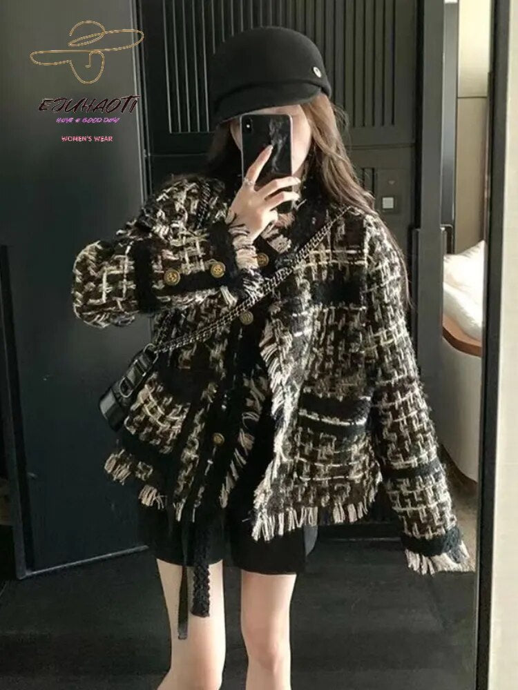 Women's Coat New French Style Small Fragrance 2024 Autumn Winter Retro Weave Tassels Temperament Tweed Tops Jacket