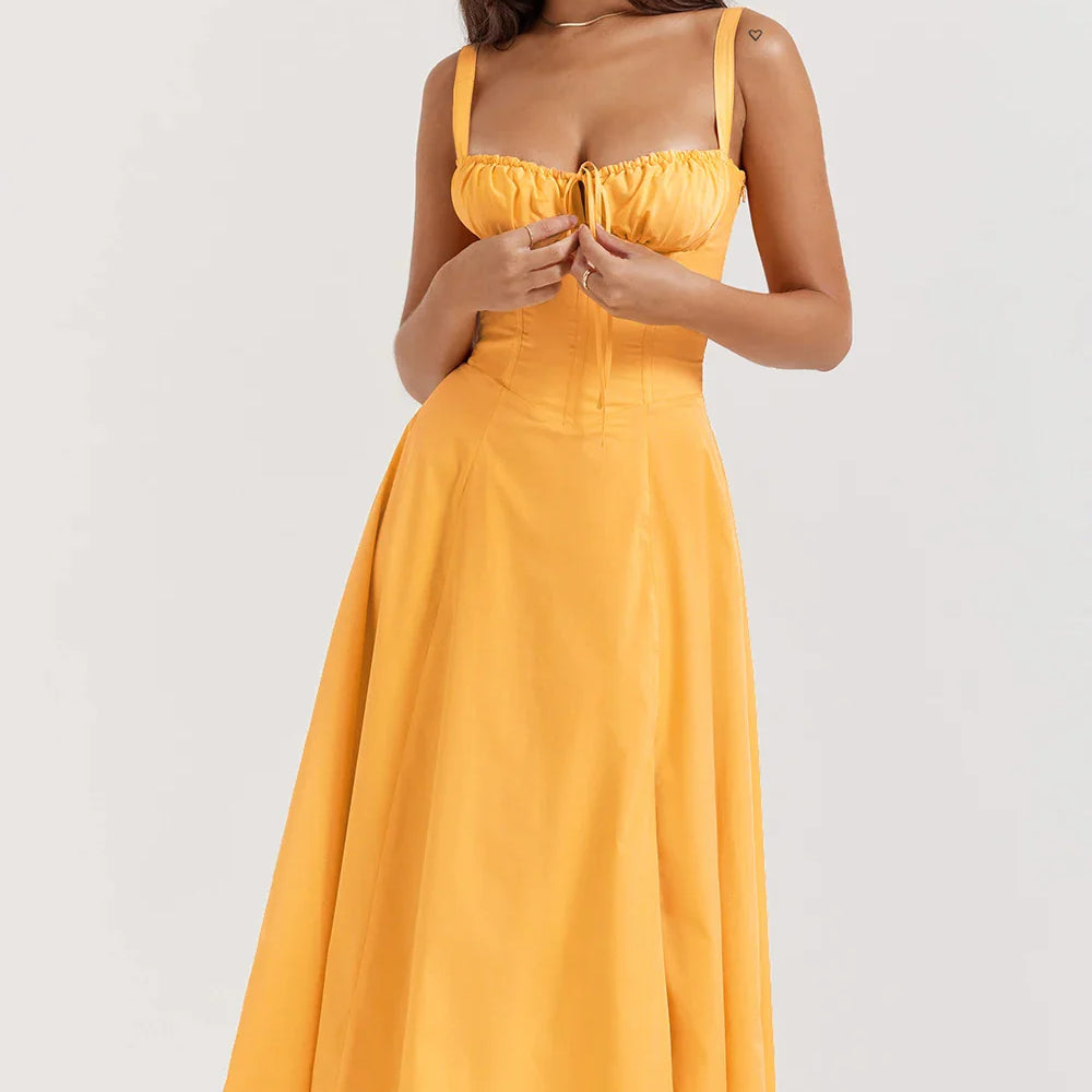 Suninheart Women's Summer Floral Print Dresses Sweet Elegant Midi Holiday Dress Casual Slit Blue Lace Up Dresses 2023 orange