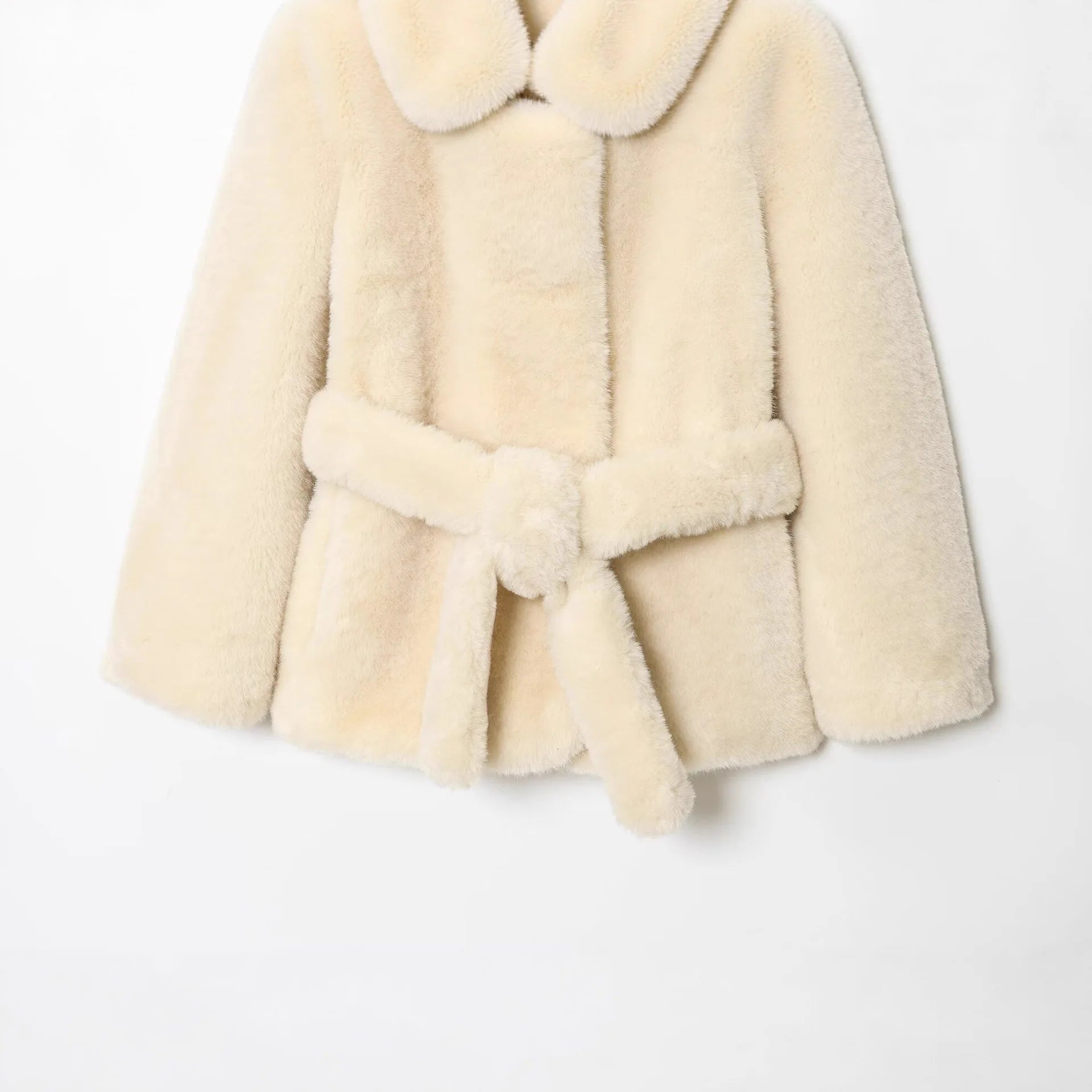 Elegant Belted Faux Fur Jacket Winter New Arrival Women's Outerwear Commute Style Mixed Fabric Long Sleeve High-Quality Sensa...