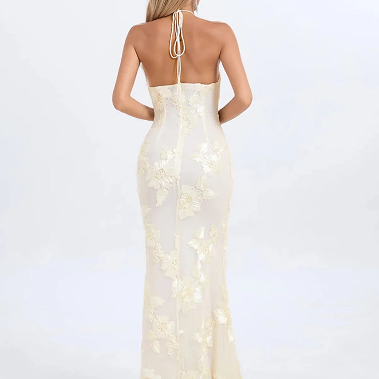 Sexy Halter Neck 3D Flowers Bodycon Long Dress Women Beige Sleeveless Lace-up Floor Length Evening Party Long Wedding Gowns