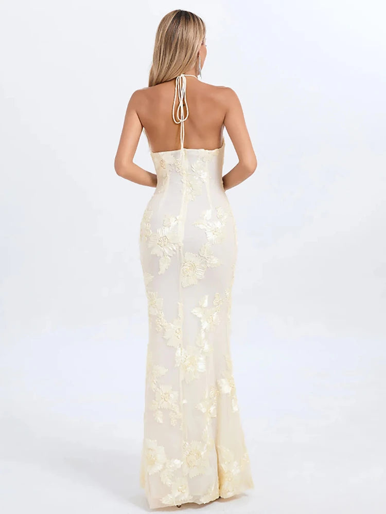 Sexy Halter Neck 3D Flowers Bodycon Long Dress Women Beige Sleeveless Lace-up Floor Length Evening Party Long Wedding Gowns