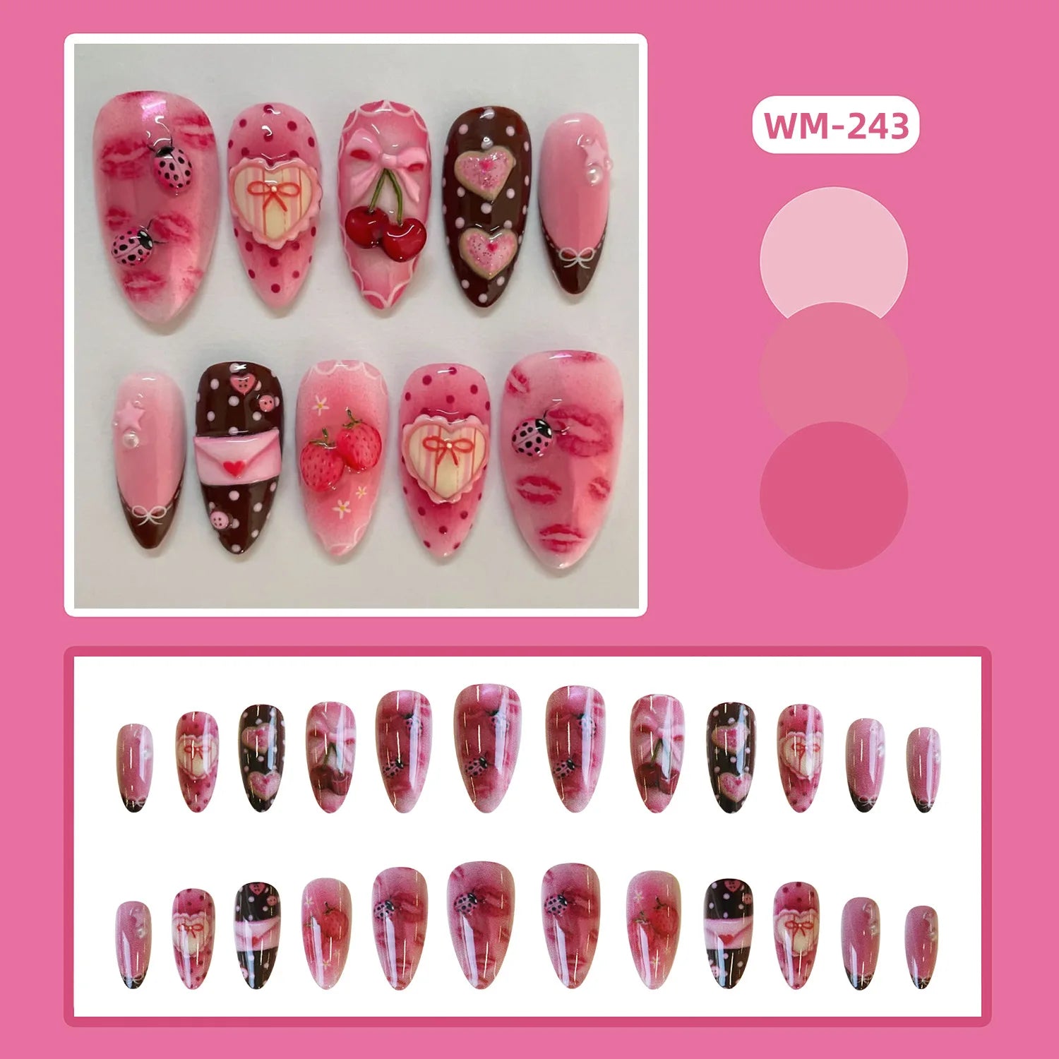 24pcs Sweet Almond Press on Nails y2k Fruit Bow Print False Nail Tips Wearable Spicy Girl Sweet Cool 2D Pattern Fake Nails 1