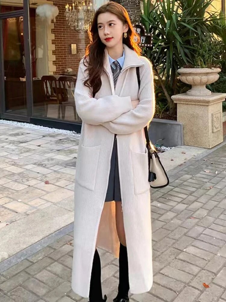 Za-High quality 2024 autumn and winter zipper knitted cardigan top sweater jacket. Women's thickened stand collar warm sweater