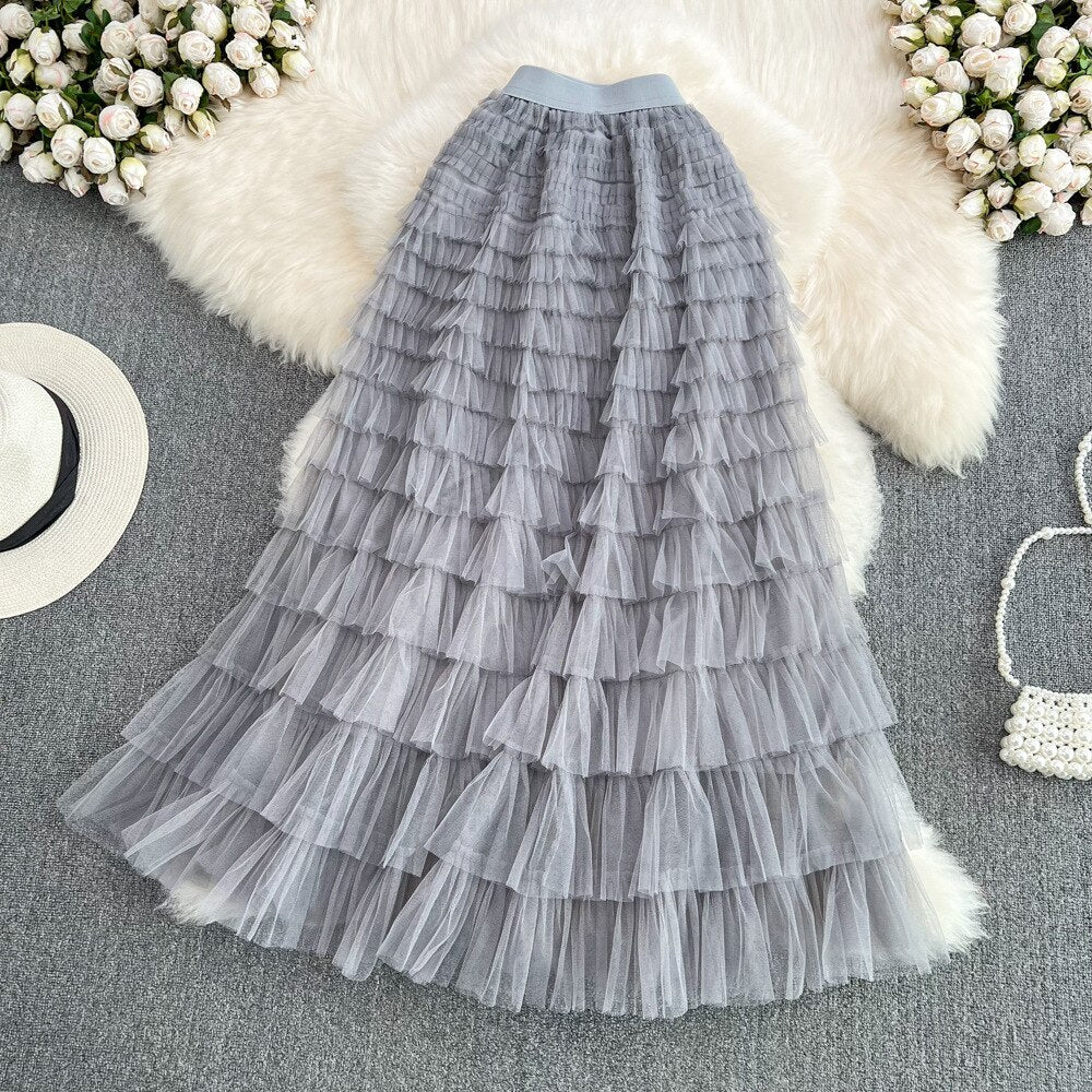 Super Long 97cm Maxi Tulle Skirts for Women 2024 New Chic Patchwork Cake Skirt Multilayer Large Swing A-Line Skirts Mujer Faldas Gray One Size