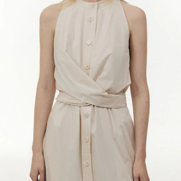 DEAT Fashion Women's Dress Round Collar Sleeveless Single Breasted Lace-up Solid Color Slim Dresses Spring New Tide 7AB3831