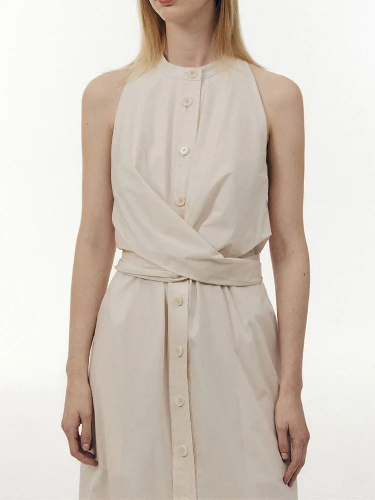 DEAT Fashion Women's Dress Round Collar Sleeveless Single Breasted Lace-up Solid Color Slim Dresses Spring New Tide 7AB3831