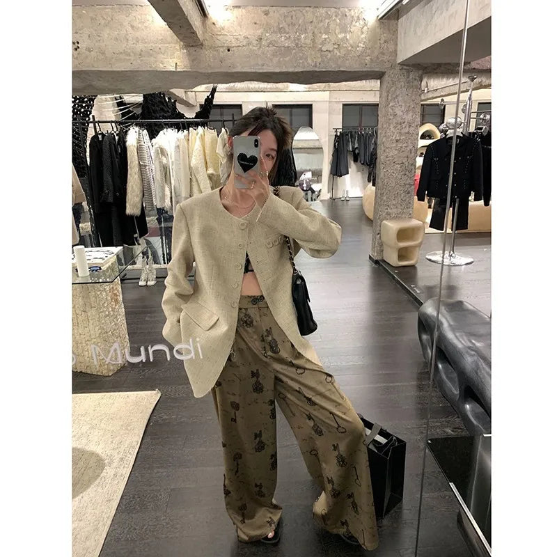 Summer Korean Style Women Vintage Print Ankle-length Pants Casual Loose Button Fly Waist Wide Leg Pants