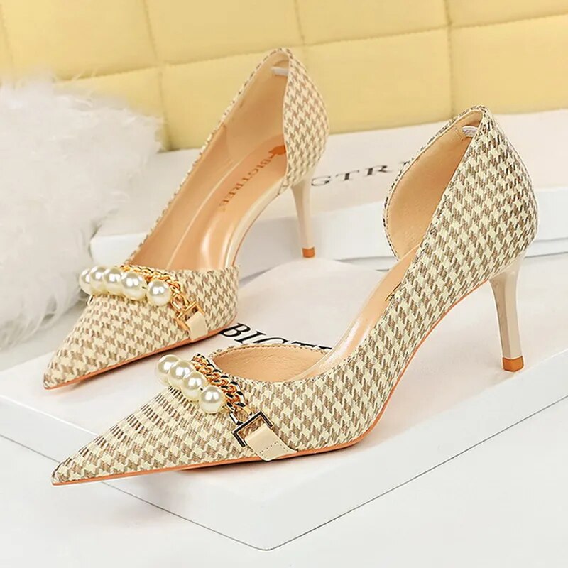 Spring Women Pumps Pearl Metal Chain High-heels Checked Grain Stilettos Women's Heels Luxury Banquet Shoes 43 8829-A1-Apricot7.5CM