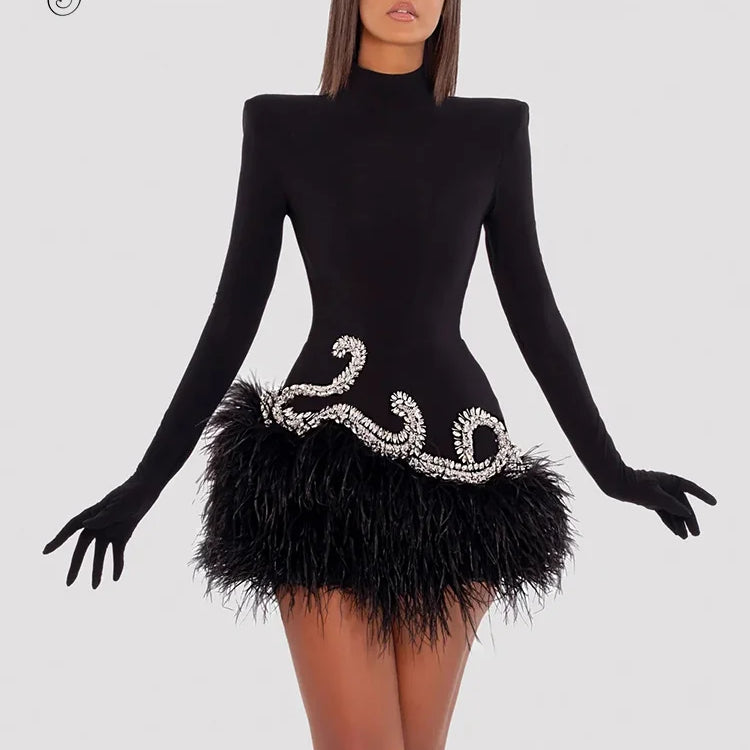 VC Chic And Elegant Dress Women Party Wear Long Sleeve With Gloves Luxury Crystal Design Velvet Mini Feather Dress