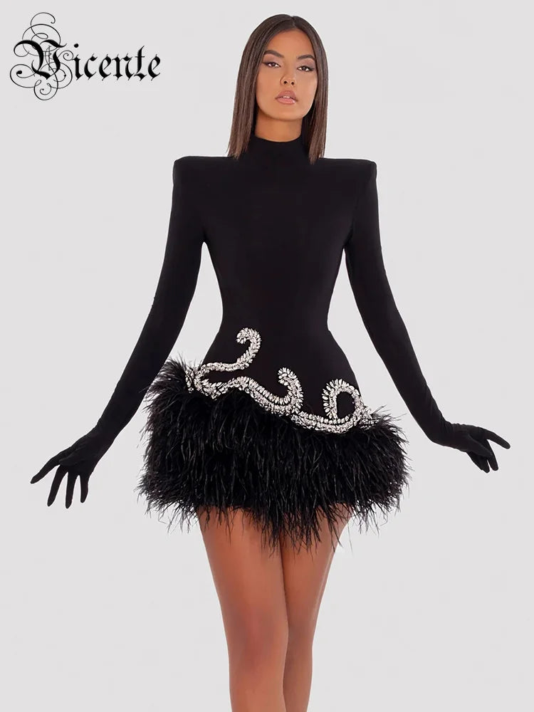 Chic And Elegant Dress Women Party Wear Long Sleeve With Gloves Luxury Crystal Design Velvet Mini Feather Dress