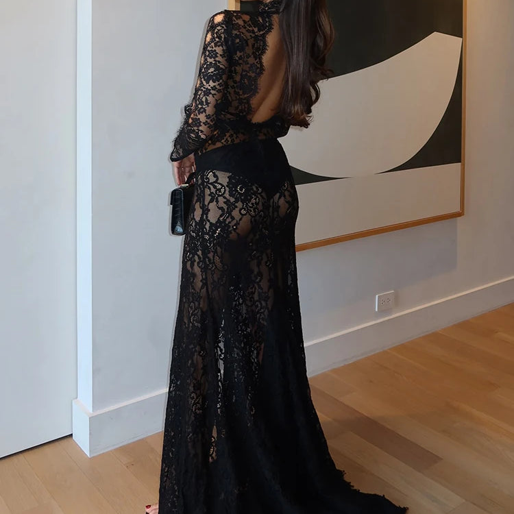 Black Lace Cut Out Long Dress Backless High Split Maxi Long Sleeves O Neck Celebrity Slim Cocktail Party Evening Gowns