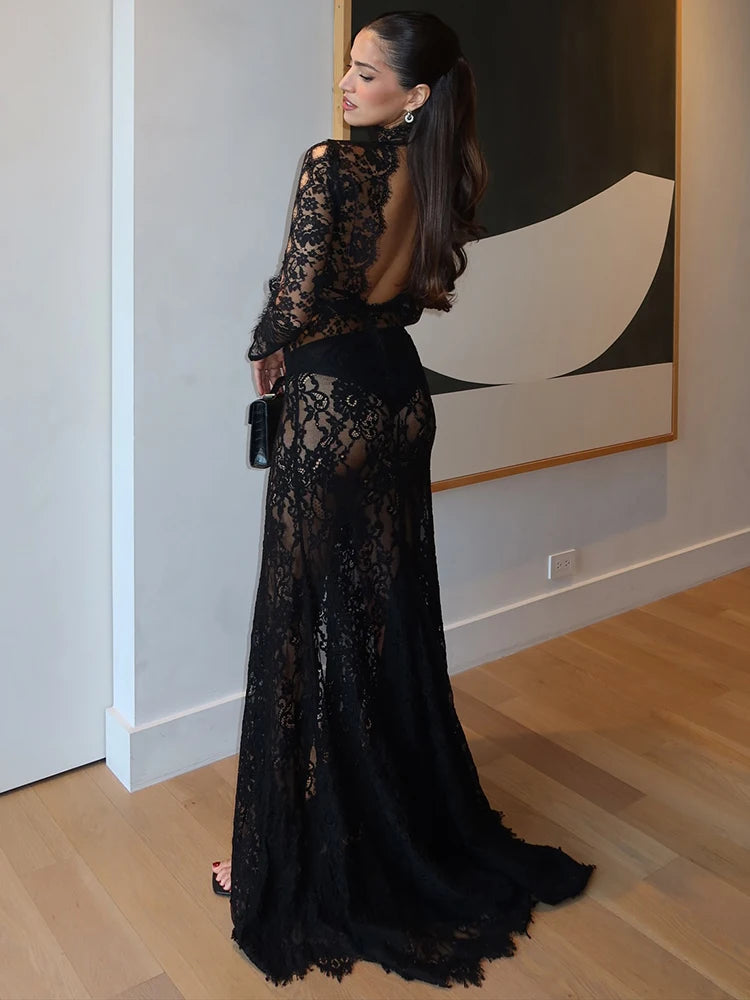 Black Lace Cut Out Long Dress Backless High Split Maxi Long Sleeves O Neck Celebrity Slim Cocktail Party Evening Gowns