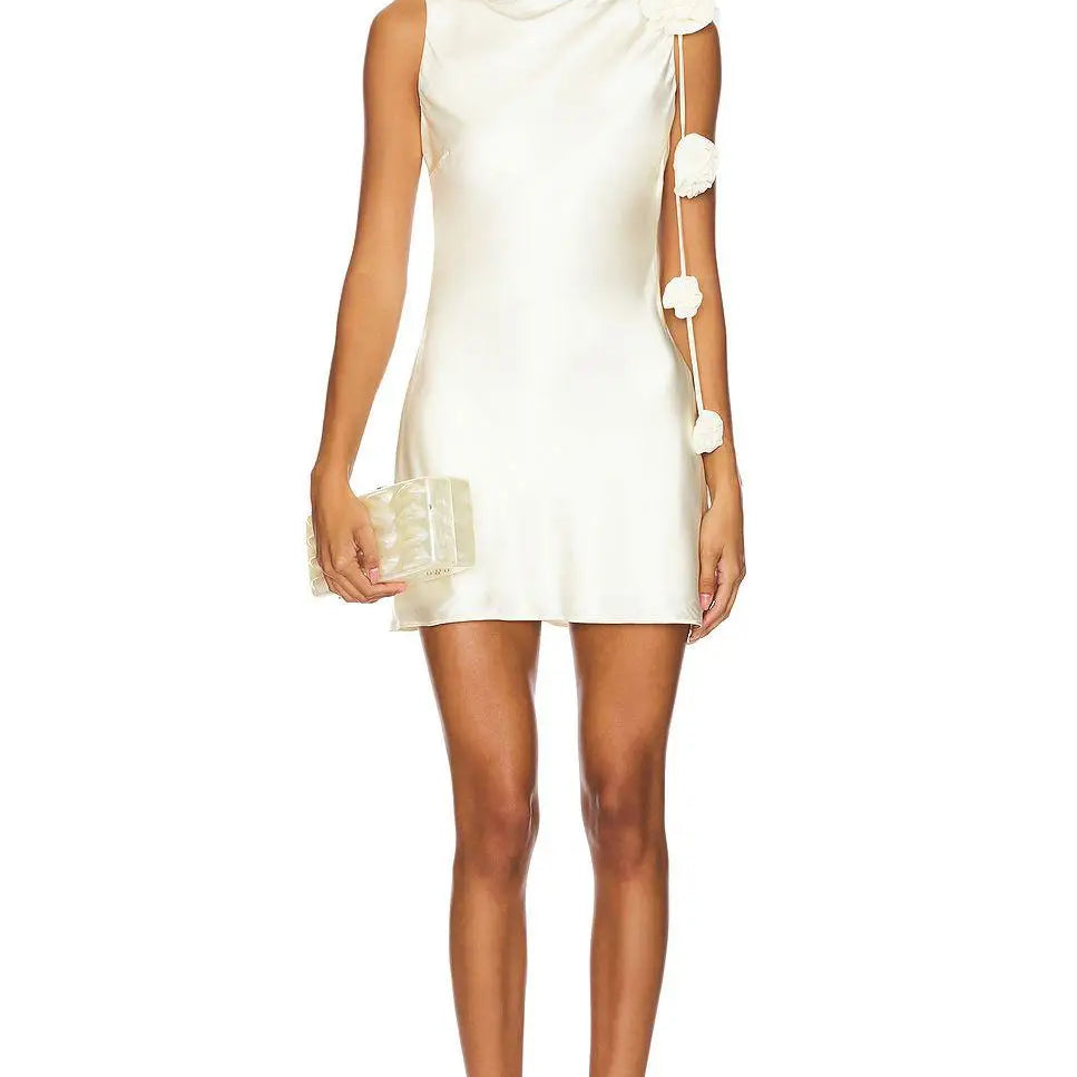 New Summer Women Sexy Satin Backless Florals Bodycon Mini Dress Nightclub Party Celebrate Birthday Fashion COcktail Outfit WHITE