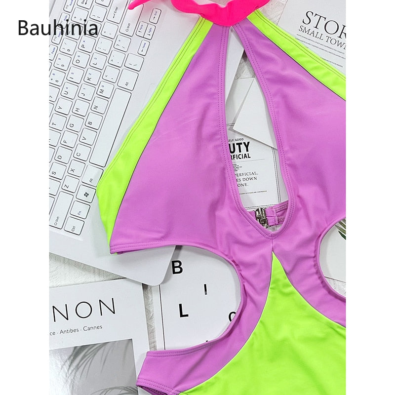 Sexy Colorblock One Piece Swimsuit Fashion Hollow Design - Monokini Swimwear Backless Bather Bathing Suit