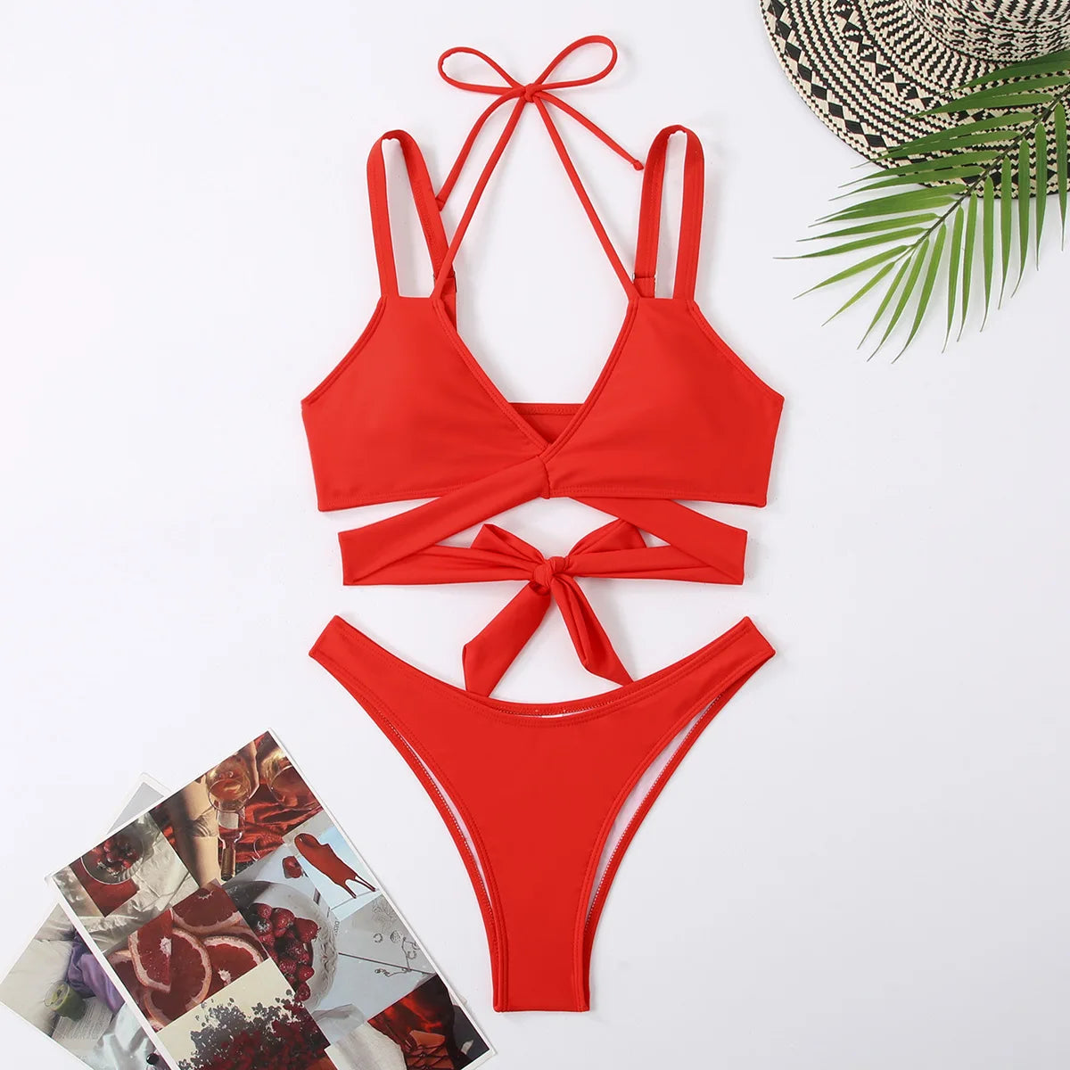 Women Strap Ties Bikini Set Female Solid Sexy Swimsuit 2 Pieces Sexy Swimwear Beach Outfits Damen Bathing Suit Push Up Red