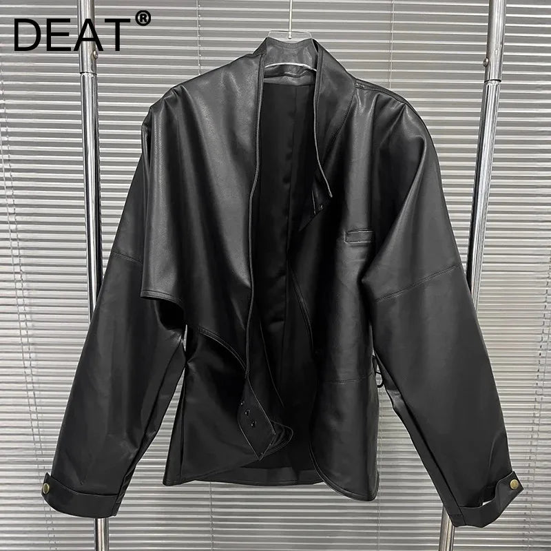 Autumn Winter New Style Loose Stand Collar Long Sleeve Leather Jacket For Women Belt Streetwear Casual Coat 11A07815