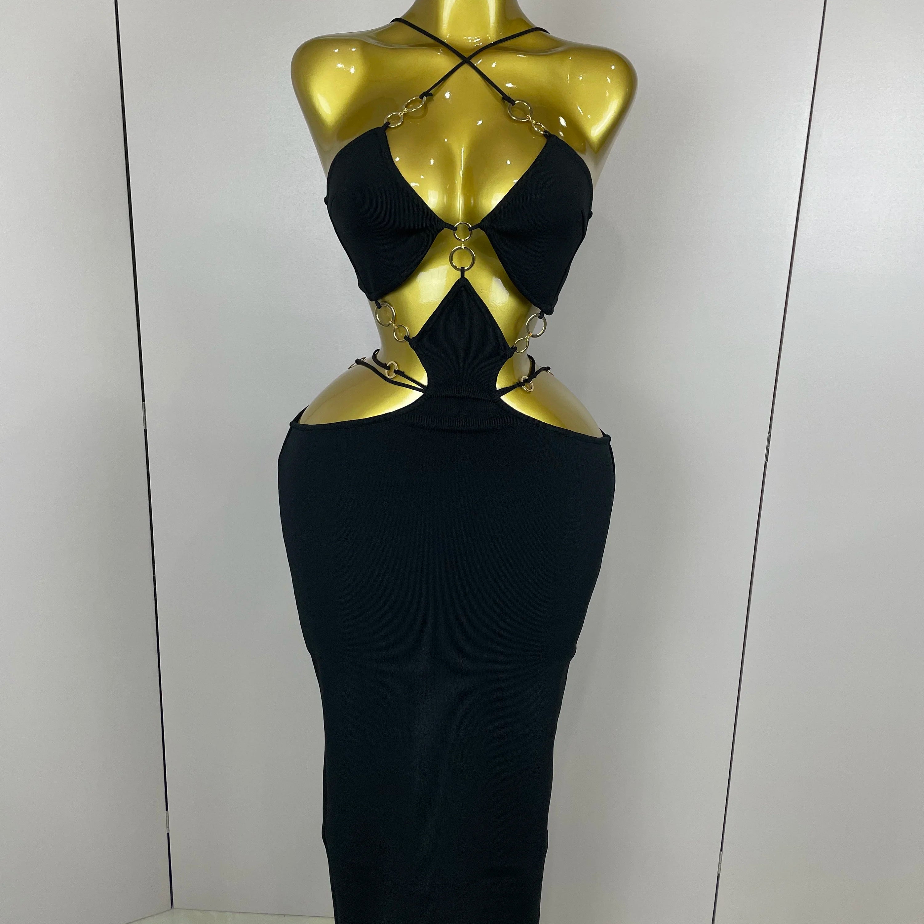 Sexy Halter Hollow Out Sleeveless Black Red Bodycon Long Bandage Dress 2025 Women Celebate Elegant Luxury Birthday Club Dress black