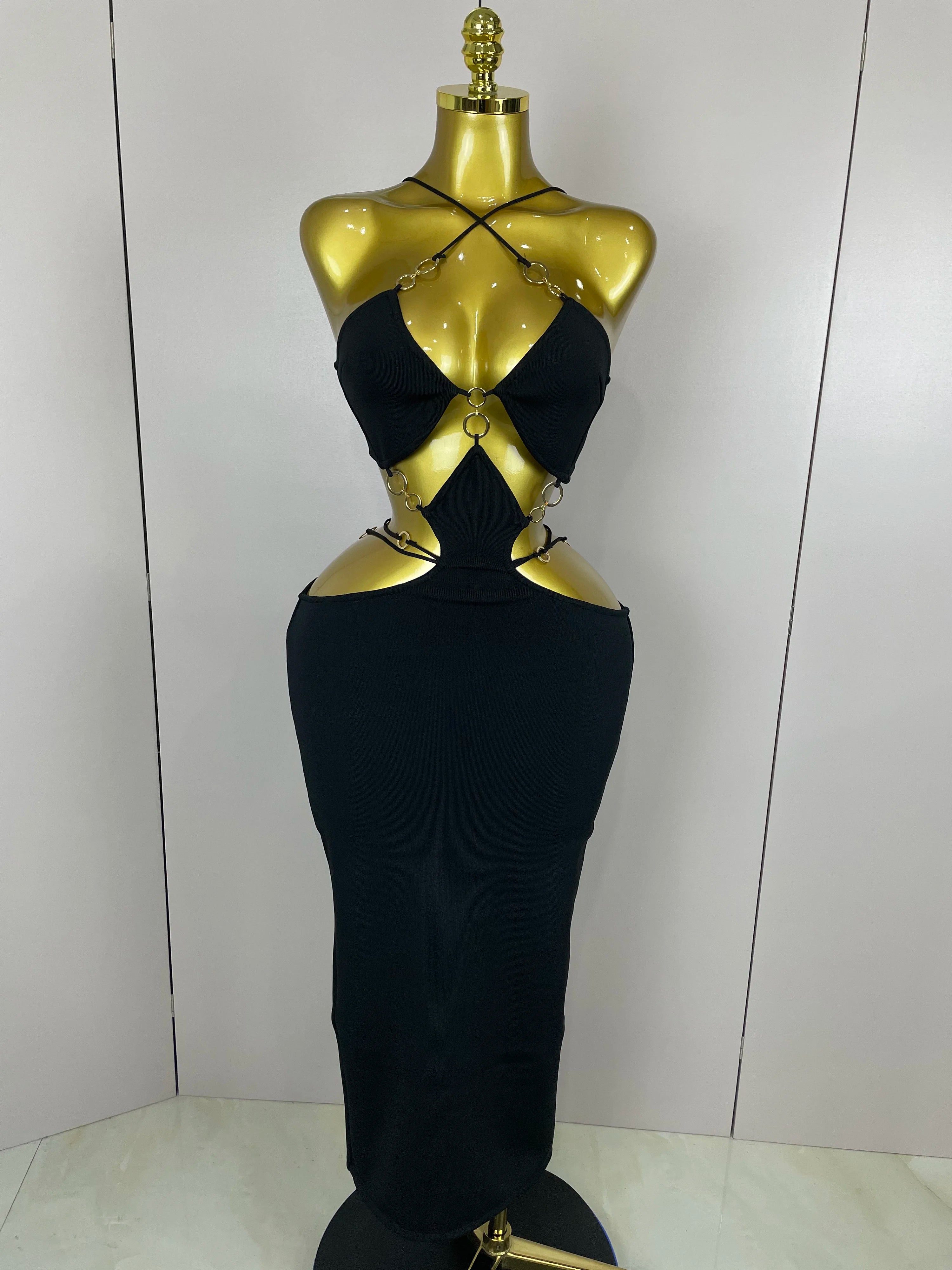 Sexy Halter Hollow Out Sleeveless Black Red Bodycon Long Bandage Dress 2025 Women Celebate Elegant Luxury Birthday Club Dress black