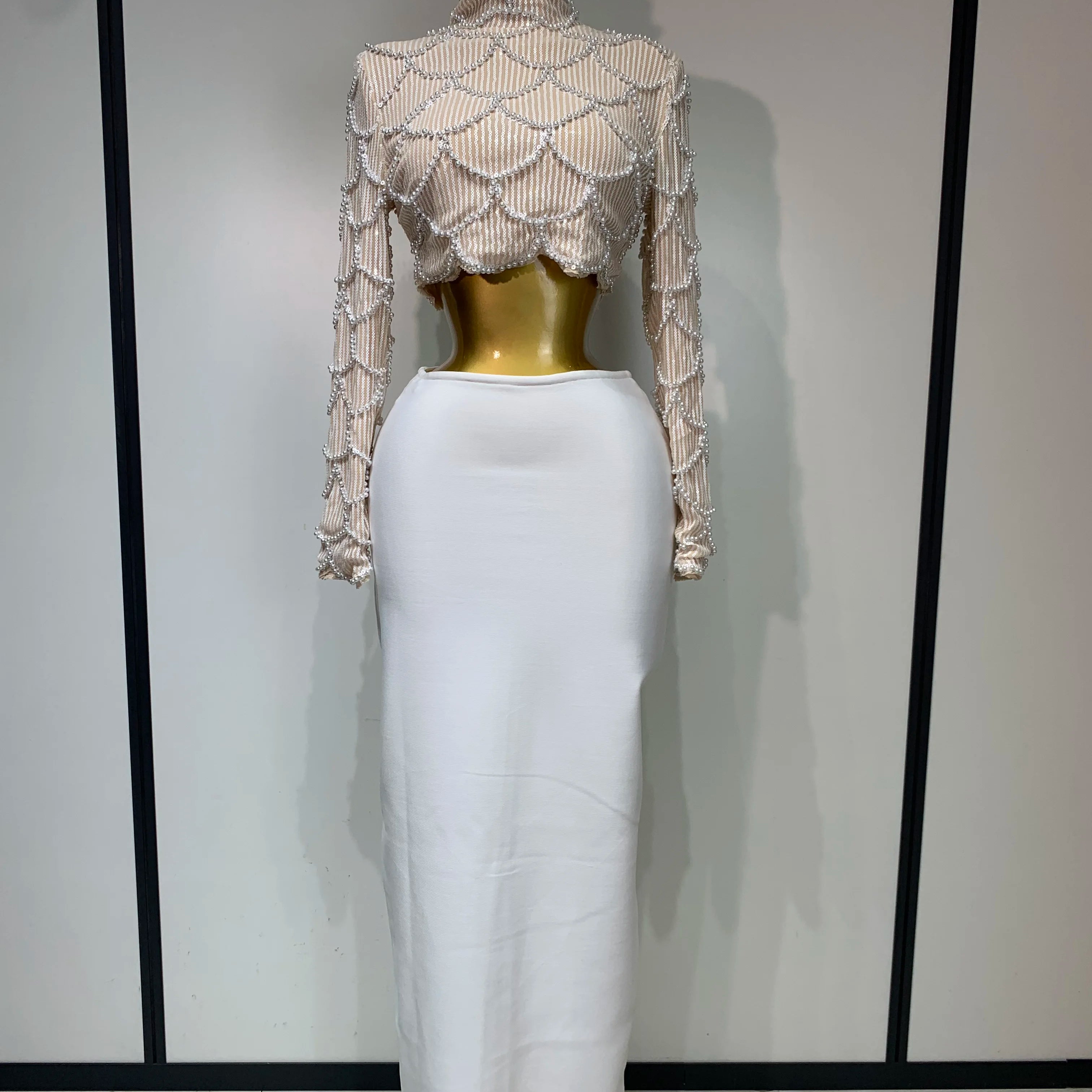 Women Long Sleeve Sexy Beading Tops Two Pieces Set Bodycon Long Bandage Dress Luxury Birthday Evening Party Wedding Guest Gowns Beige
