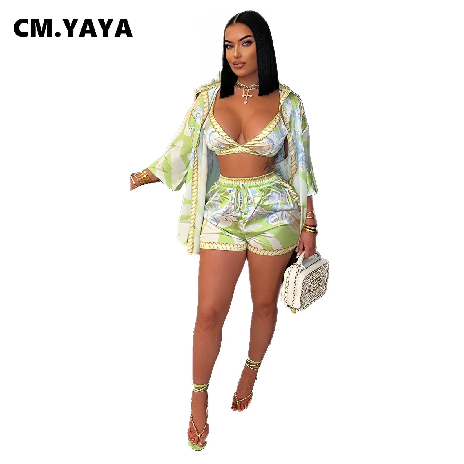 Paisley Printed Women's Set Three Quarter Sleeve Blouse + Bra Top and Shorts 2025 Beach 3- Piece Sets Outfit Tracksuits
