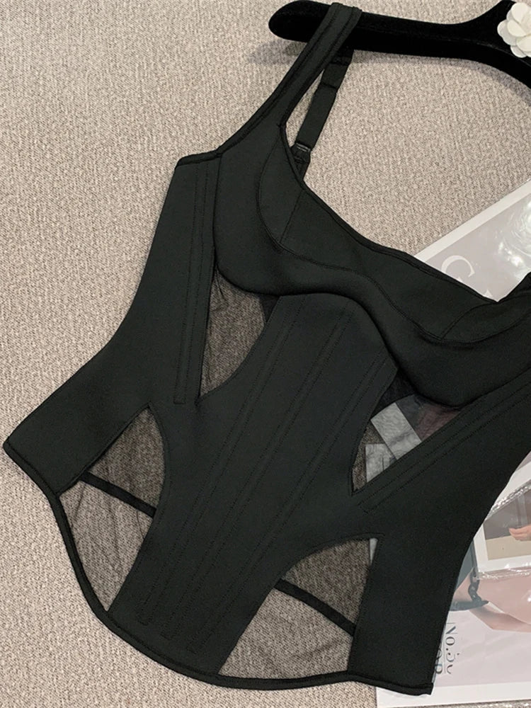 DEAT Summer New Sexy Hollow Out Mesh Patchwork Slim Suspend Women's Backless Black Color Sleeveless Tops Female 11XX3975