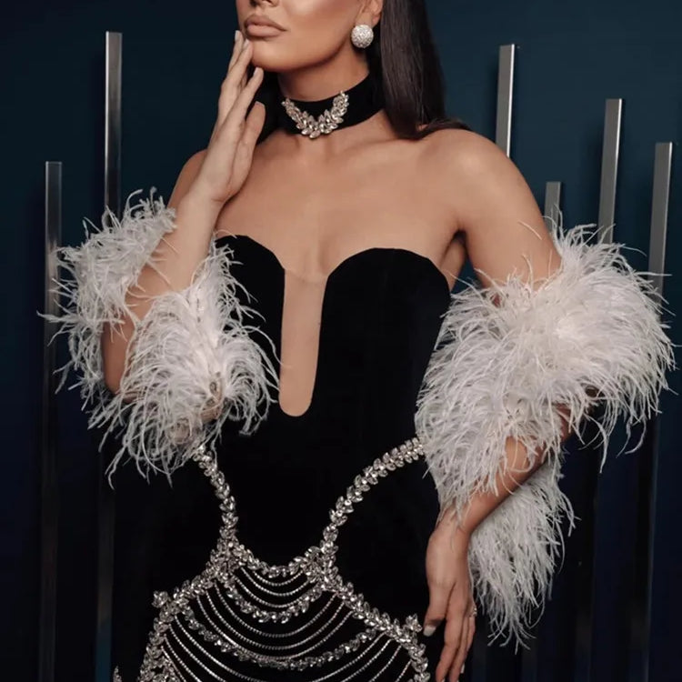 Women Summer Celebrity Sexy Strapless Beading Black Mini Bodycon Bandage Dress 2025 Elegant Evening Club Party Dress